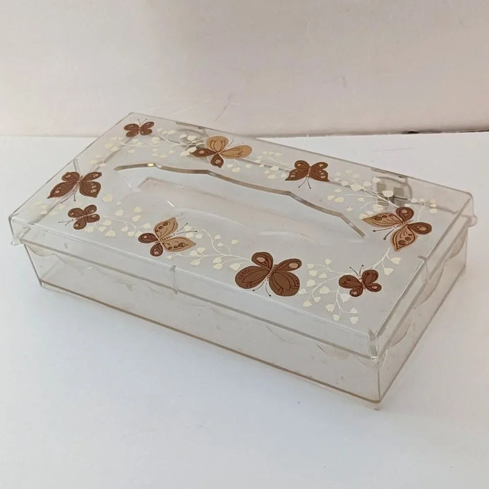 Vintage MCM Butterflies Tissue Box Holder Cover Clear &‎ Gold Acrylic  by Wolff